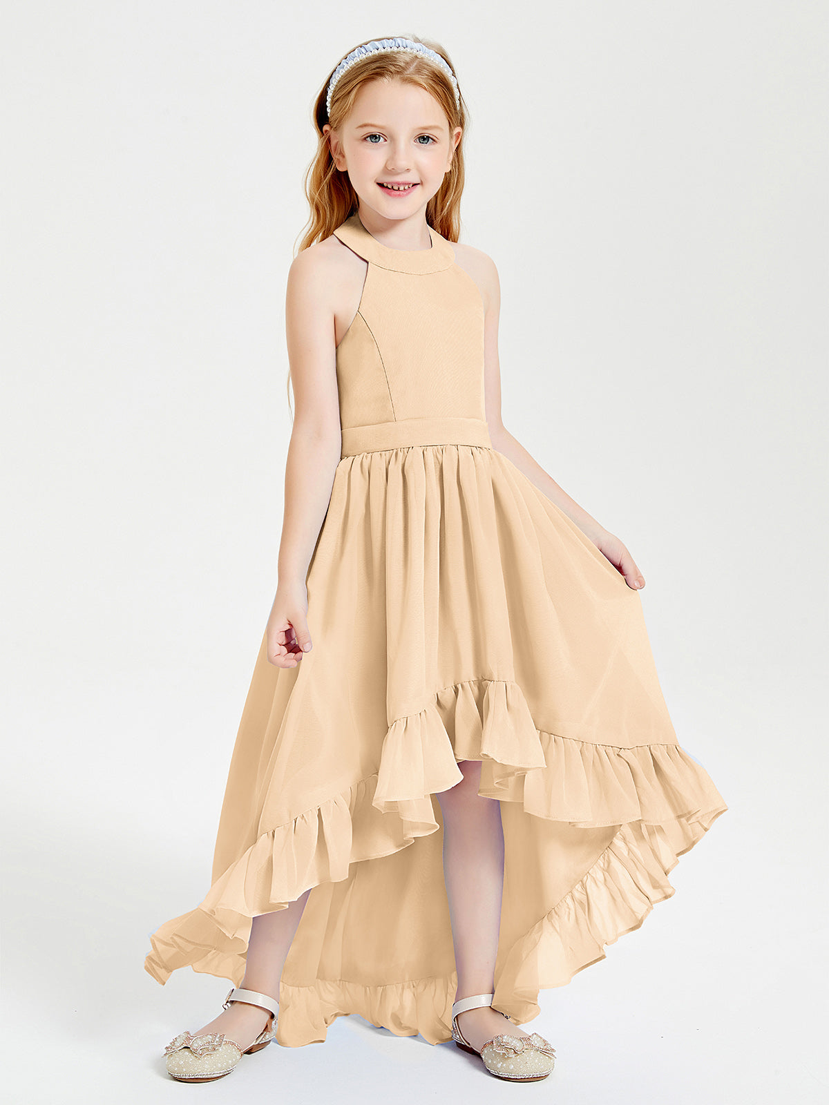 Trendy Boho Junior Bridesmaid Dresses Asymmetrical Cascading Skirt Peach